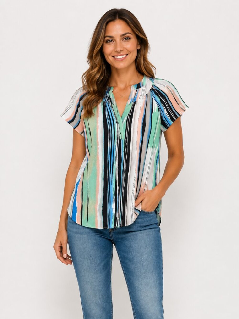 Milano Women's Multicolor Striped Blouse Size Medium Short Sleeve V-Neck Casual